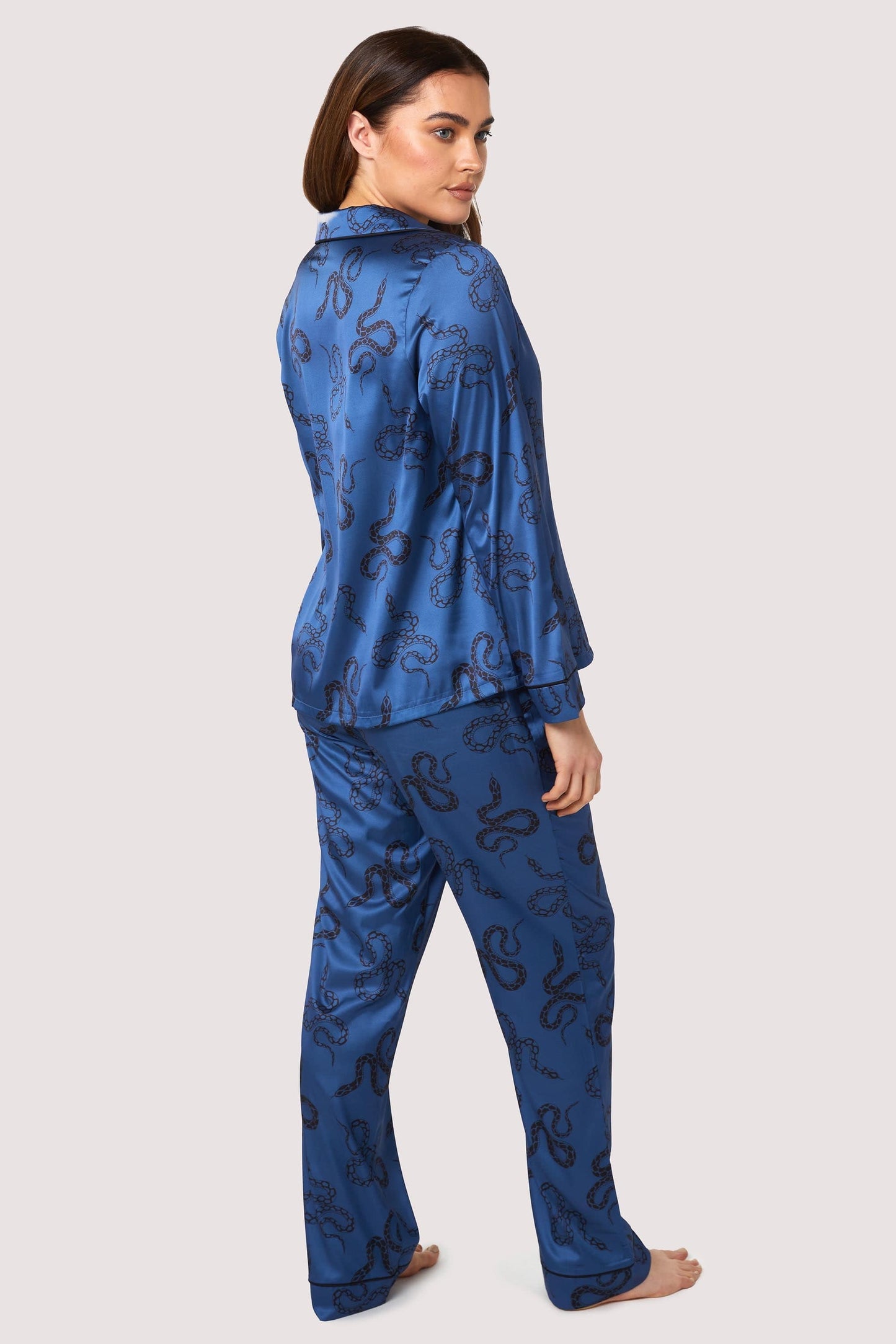 Wolf & Whistle Blue Satin Snake Print Long Sleeve PJ Set