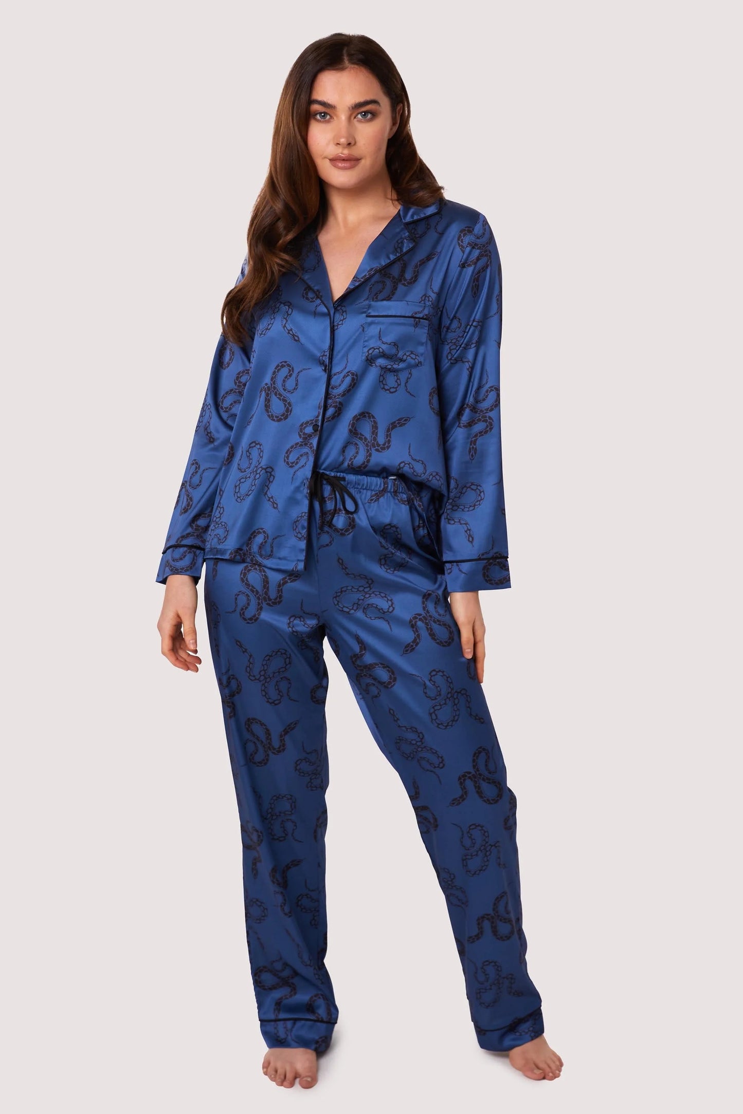 Wolf & Whistle Blue Satin Snake Print Long Sleeve PJ Set