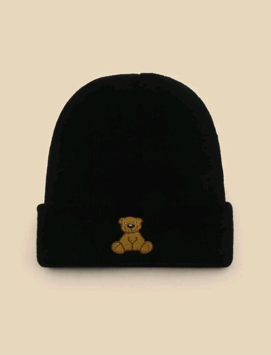 Embroidered Bear Knit Beanie-Black
