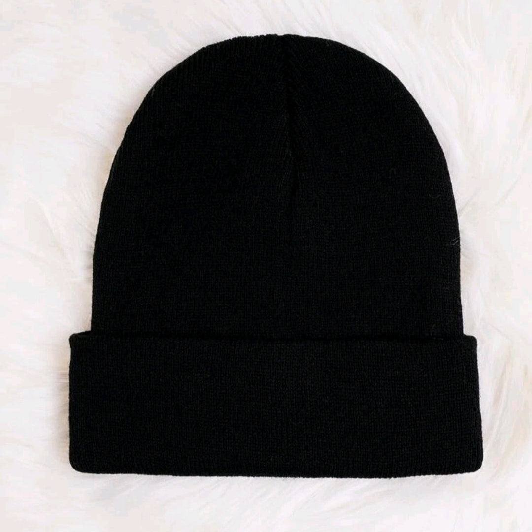 Embroidered I Don't Care Knit Beanie-Black