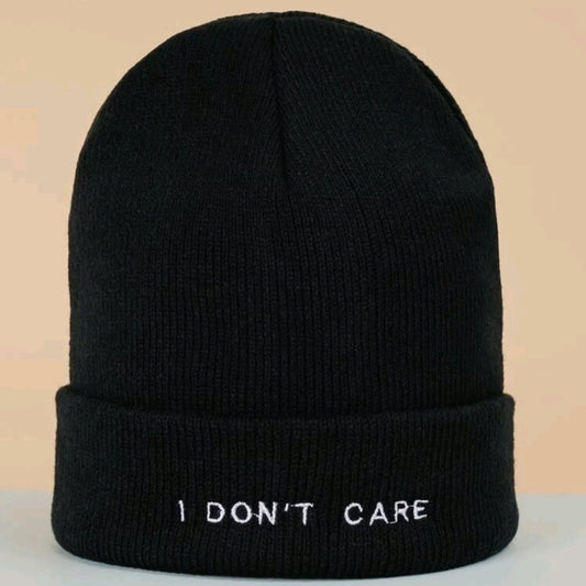 Embroidered I Don't Care Knit Beanie-Black