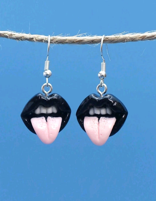 Gothic Black Lips with Tongue Earrings