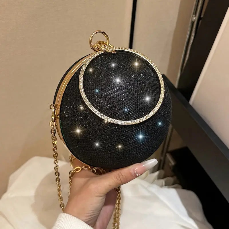 Glittered Circular Shaped Evening Bag-Black