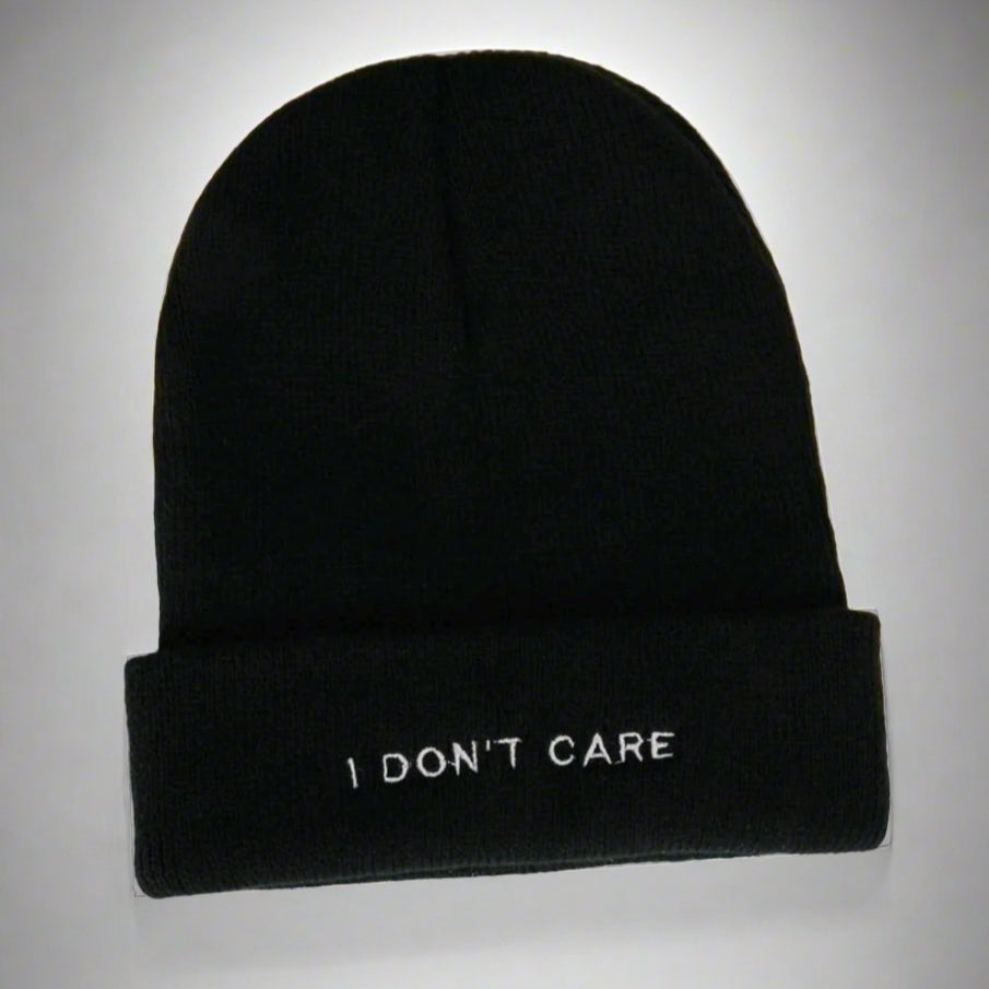 Embroidered I Don't Care Knit Beanie-Black