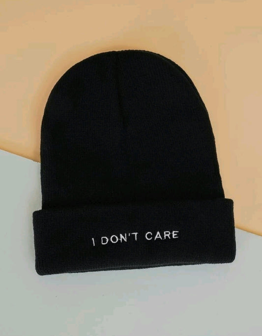 Embroidered "I Don't Care" Knit Beanie-Black