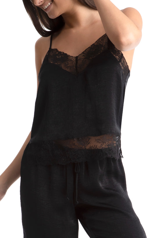 In Bloom Black Satin Lace Pajama Set