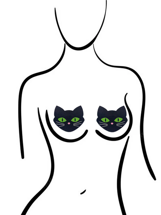 Outline of a person with black cats on their chest