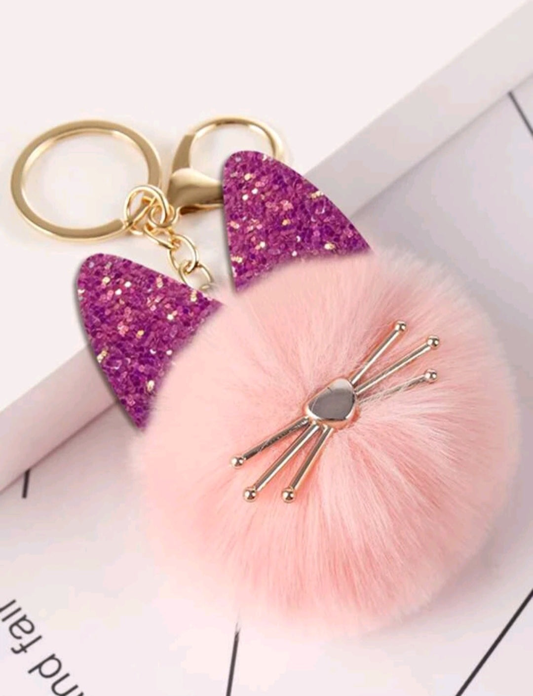 Sequin Cat Pom Pom Keychain