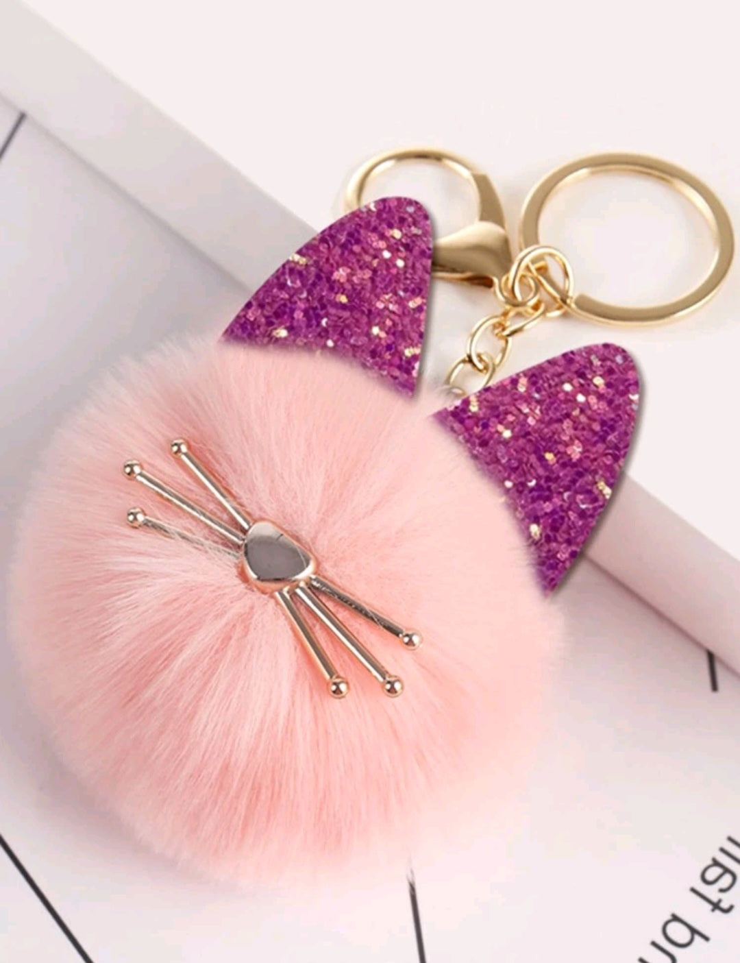 Sequin Cat Pom Pom Keychain