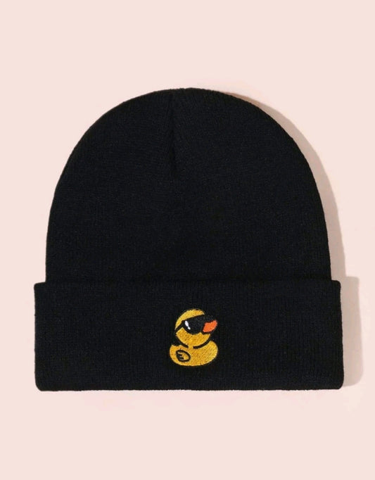 Embroidered Duck Knit Beanie-Black