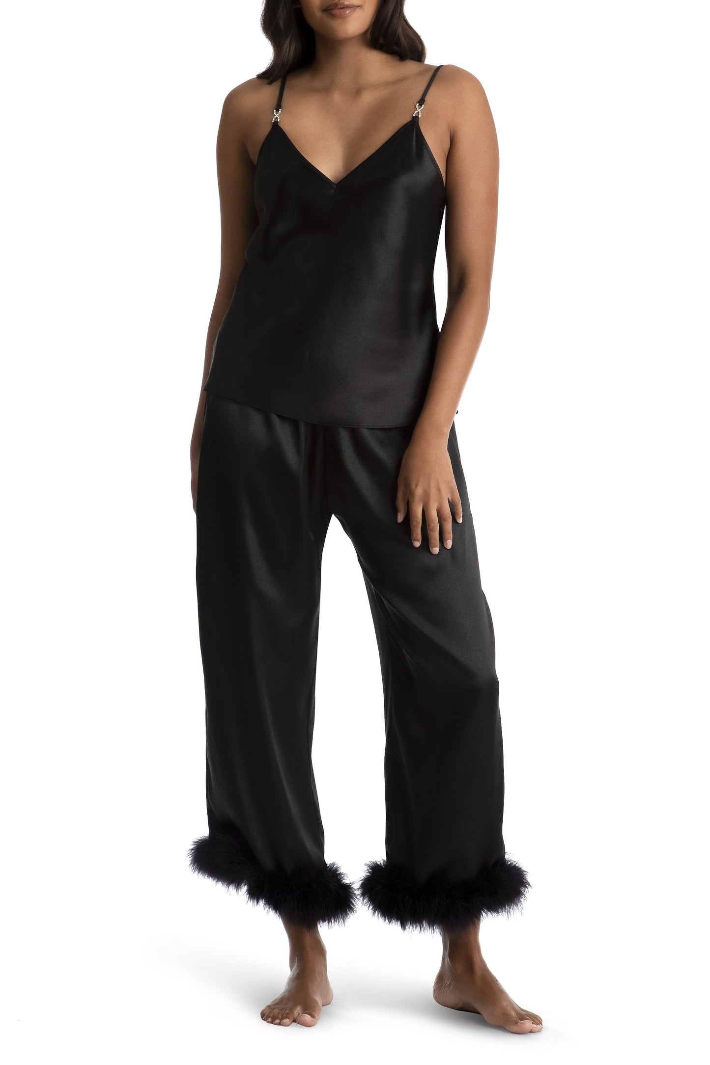 In Bloom Black Satin Feather Trim Satin Pajamas