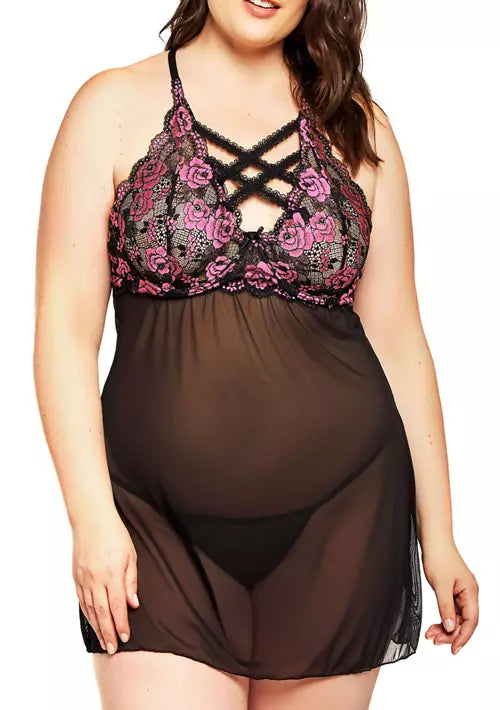 iCollection Gia Strappy Lace Babydoll Set-Plus