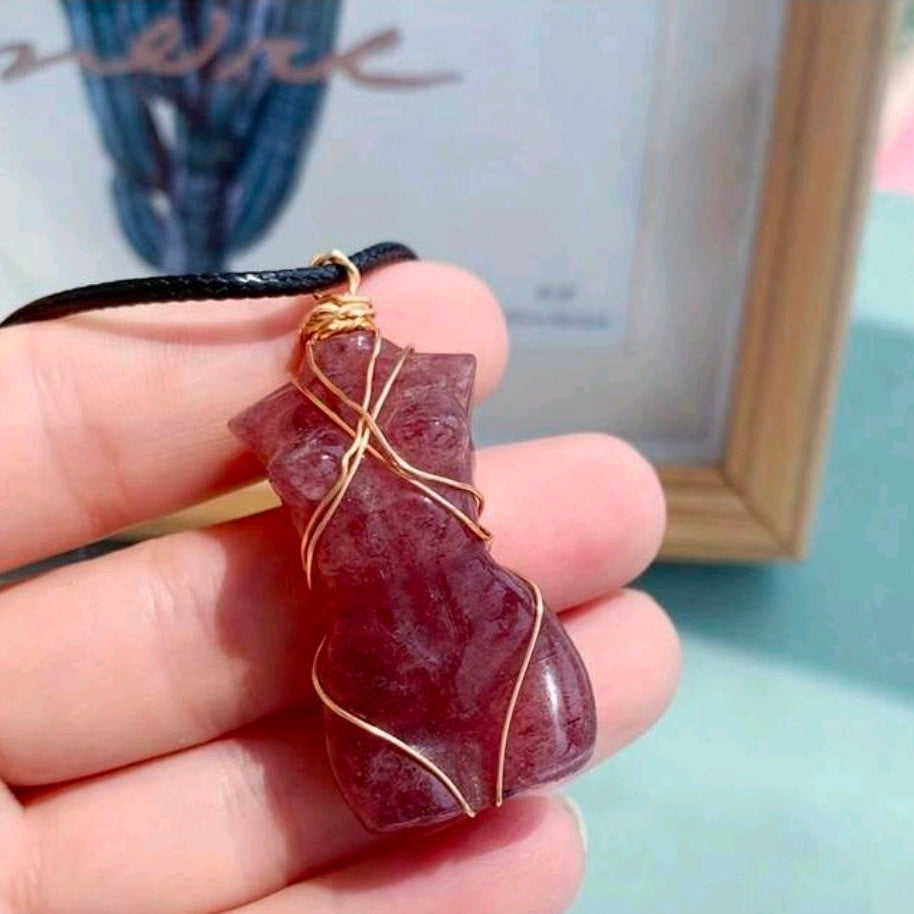 Natural Crystal Goddess Pendant Necklace-Strawberry Quartz