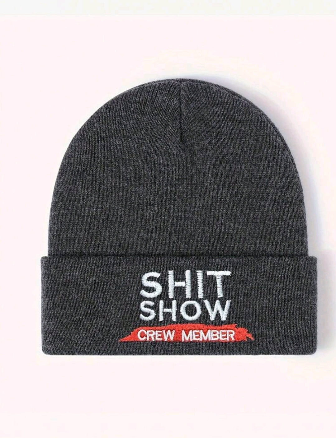 Embroidered "Shit Show Crew Member" Knit Beanie-Dark Heather Grey