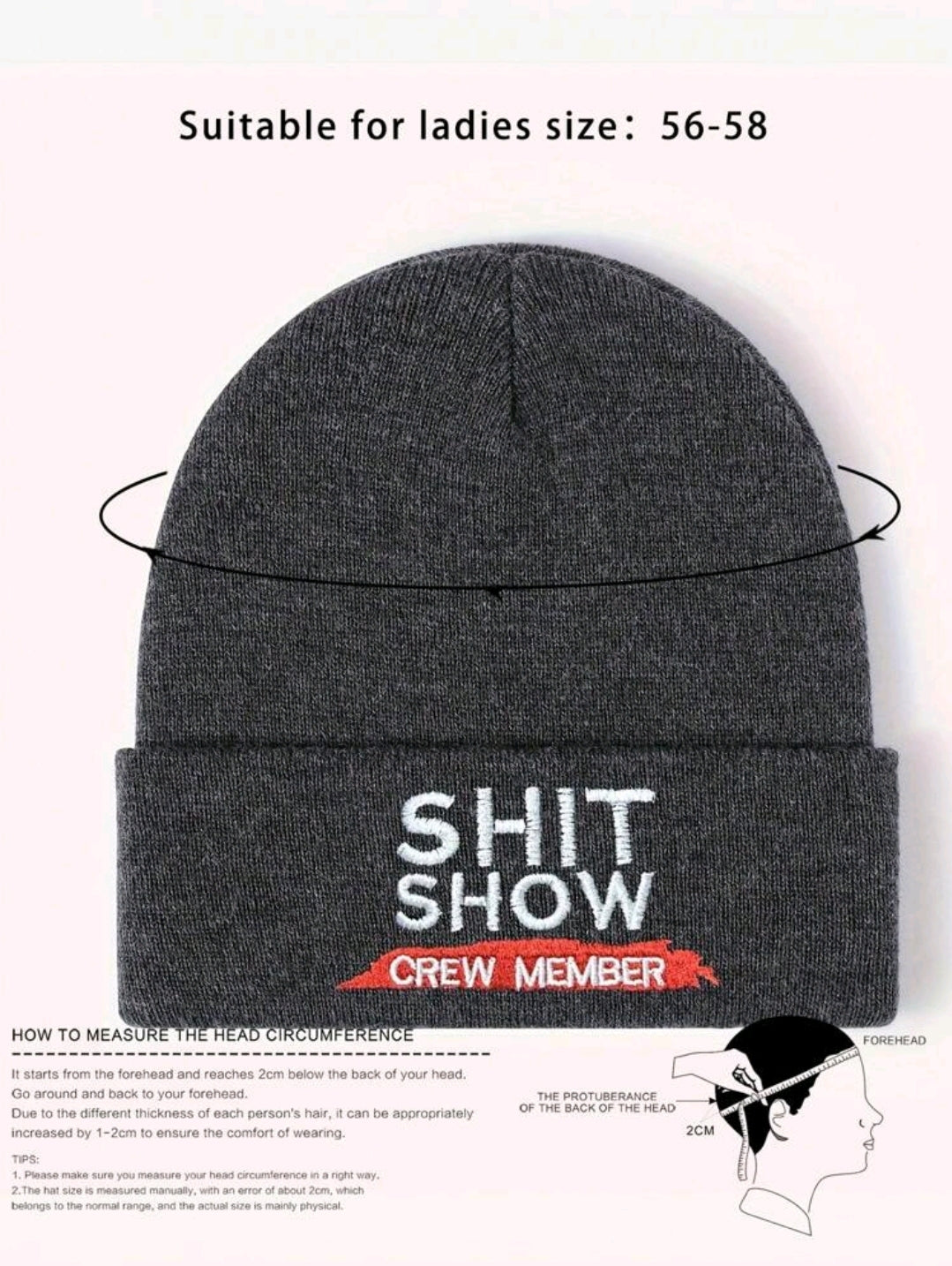 Embroidered "Shit Show Crew Member" Knit Beanie-Dark Heather Grey