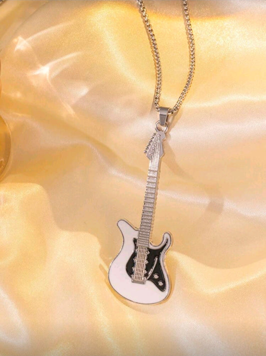 Stainless Steel Guitar Pendant Necklace-White