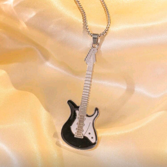 Stainless Steel Guitar Pendant Necklace-Black