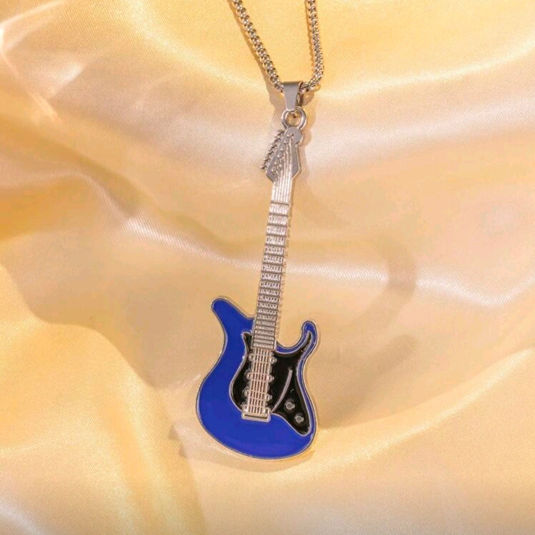 Stainless Steel Guitar Pendant Necklace-Blue