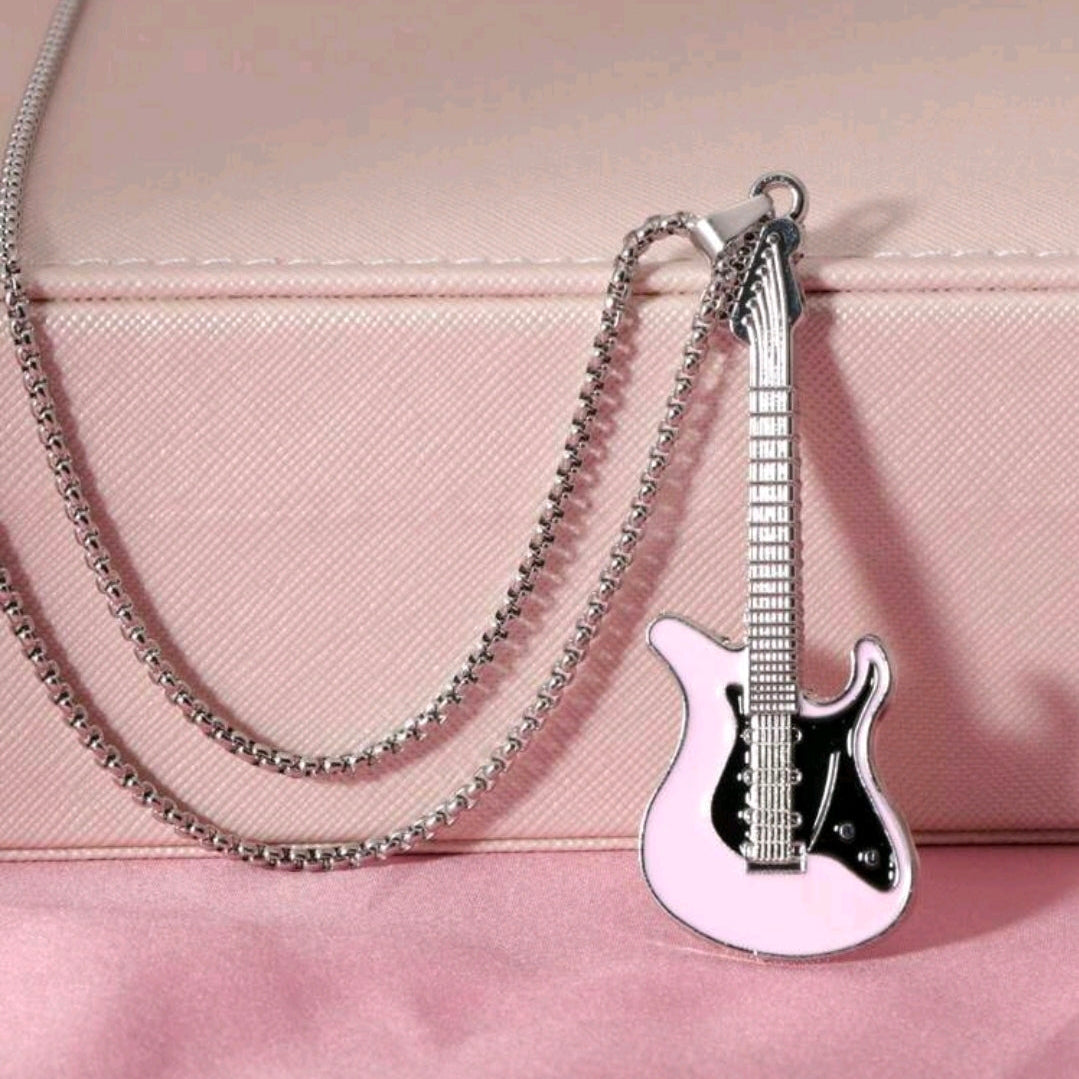Stainless Steel Guitar Pendant Necklace-Pink