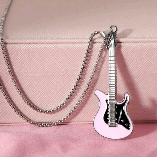 Stainless Steel Guitar Pendant Necklace-Pink