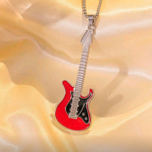 Stainless Steel Guitar Pendant Necklace-Red