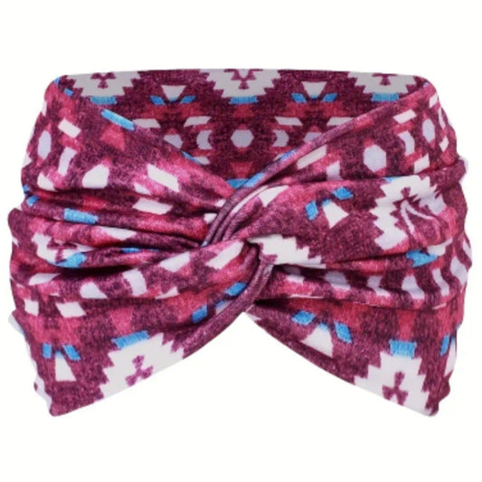 Aztec Print Boho Knot Headband-Maroon and White
