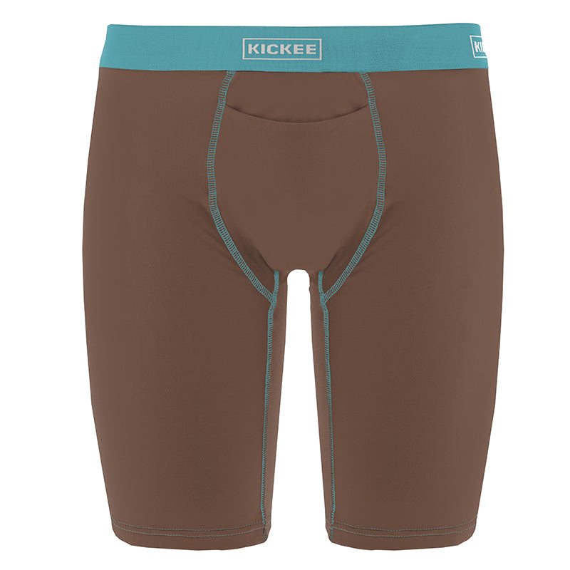 KicKee Men's Long Solid Boxers with Top Fly-Cocoa with Glacier