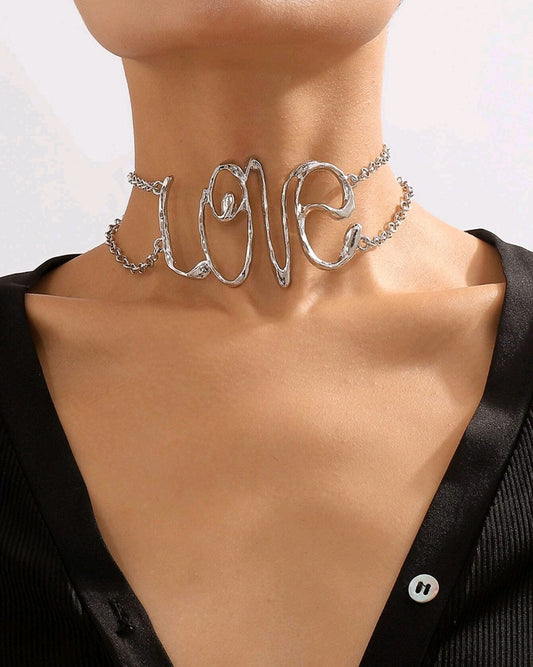 Hip-Hop Style Women's Hollow Out Letter Necklace-Silver Love