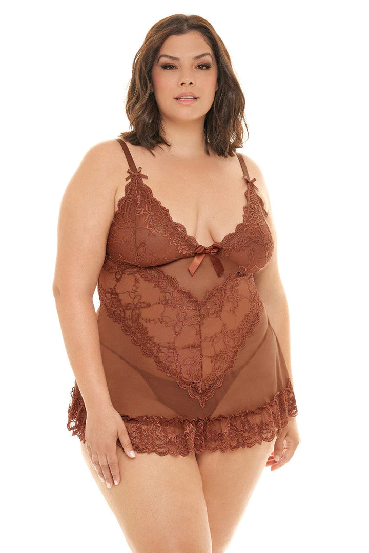 Babydoll capuchino de copa suave con lazos y tanga Oh La La Cheri