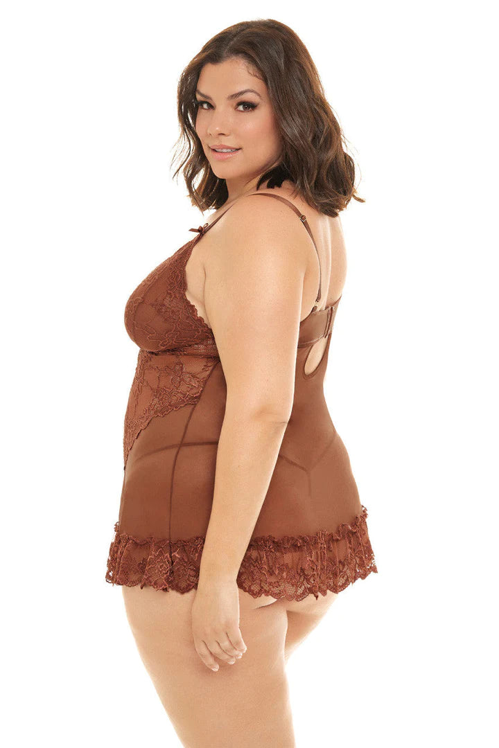 Oh La La Cheri Soft Cup Cappuccino Babydoll with Bows and G-String