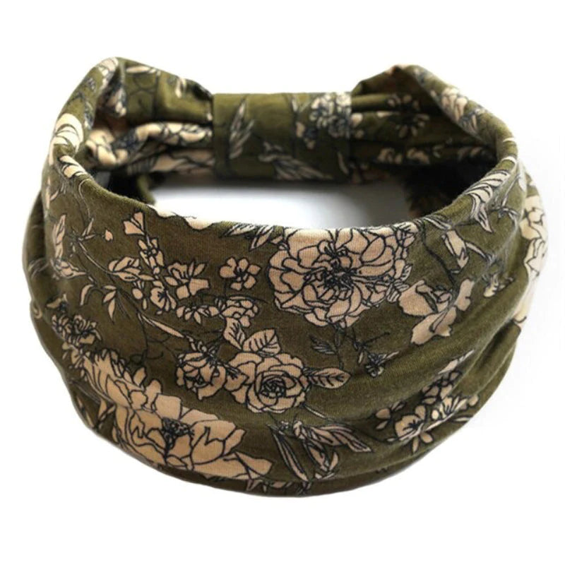 Floral Boho Knot Hairband-Olive Green