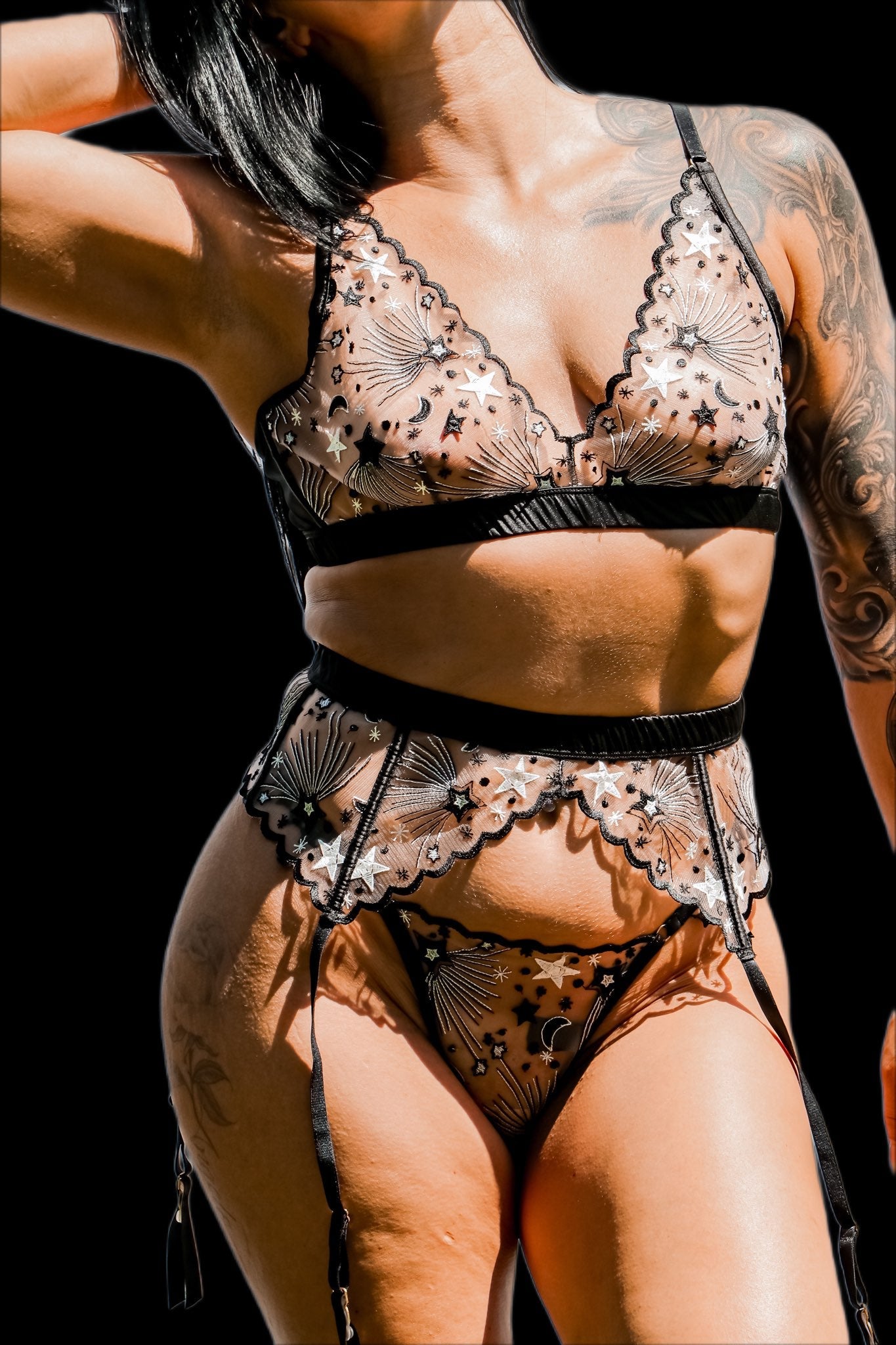 kilo brava celestial sheer black mesh bralette with sun moon star embroidery with garter front view