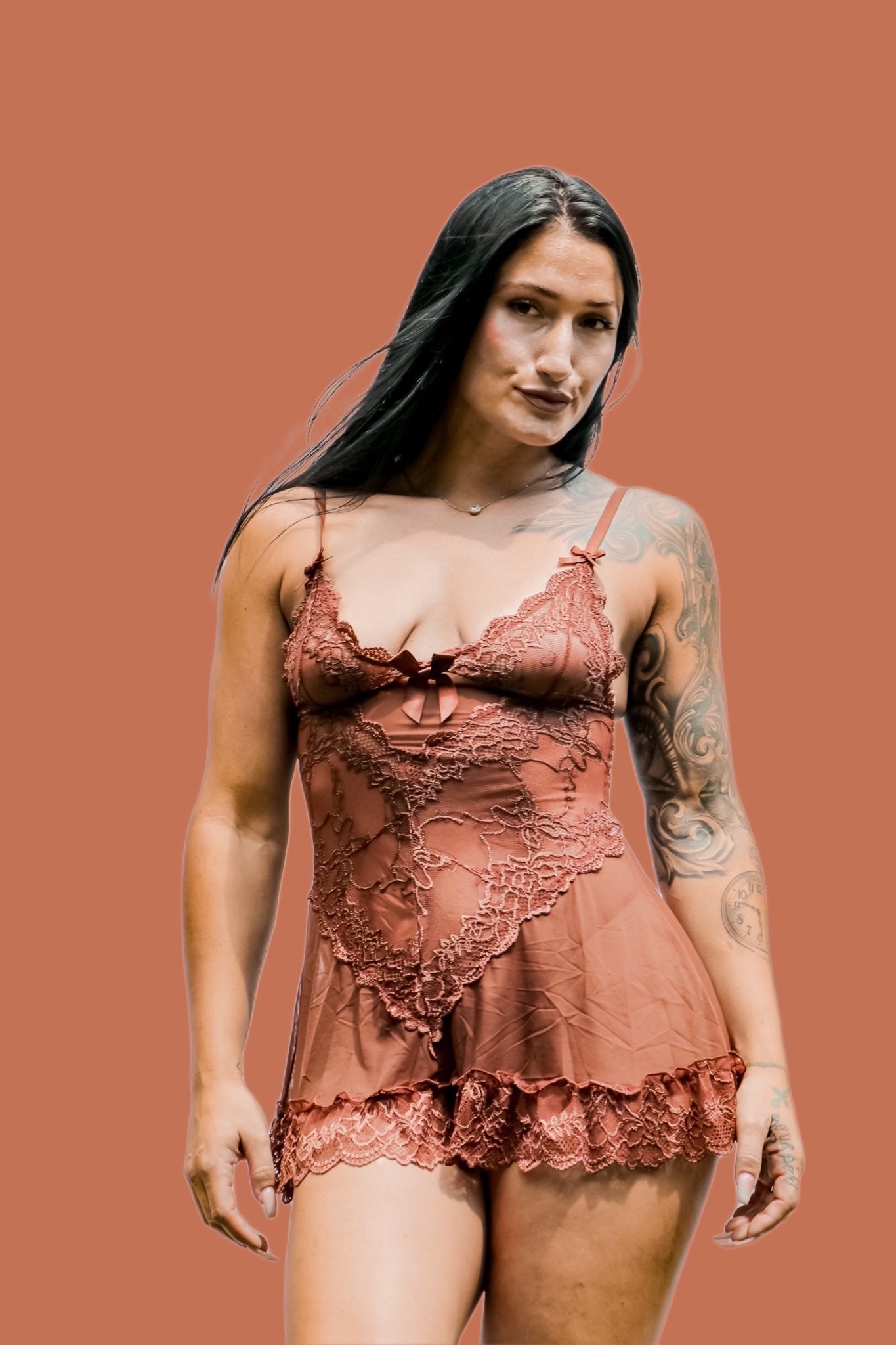 brown chemise with lace top and matching g-string front view