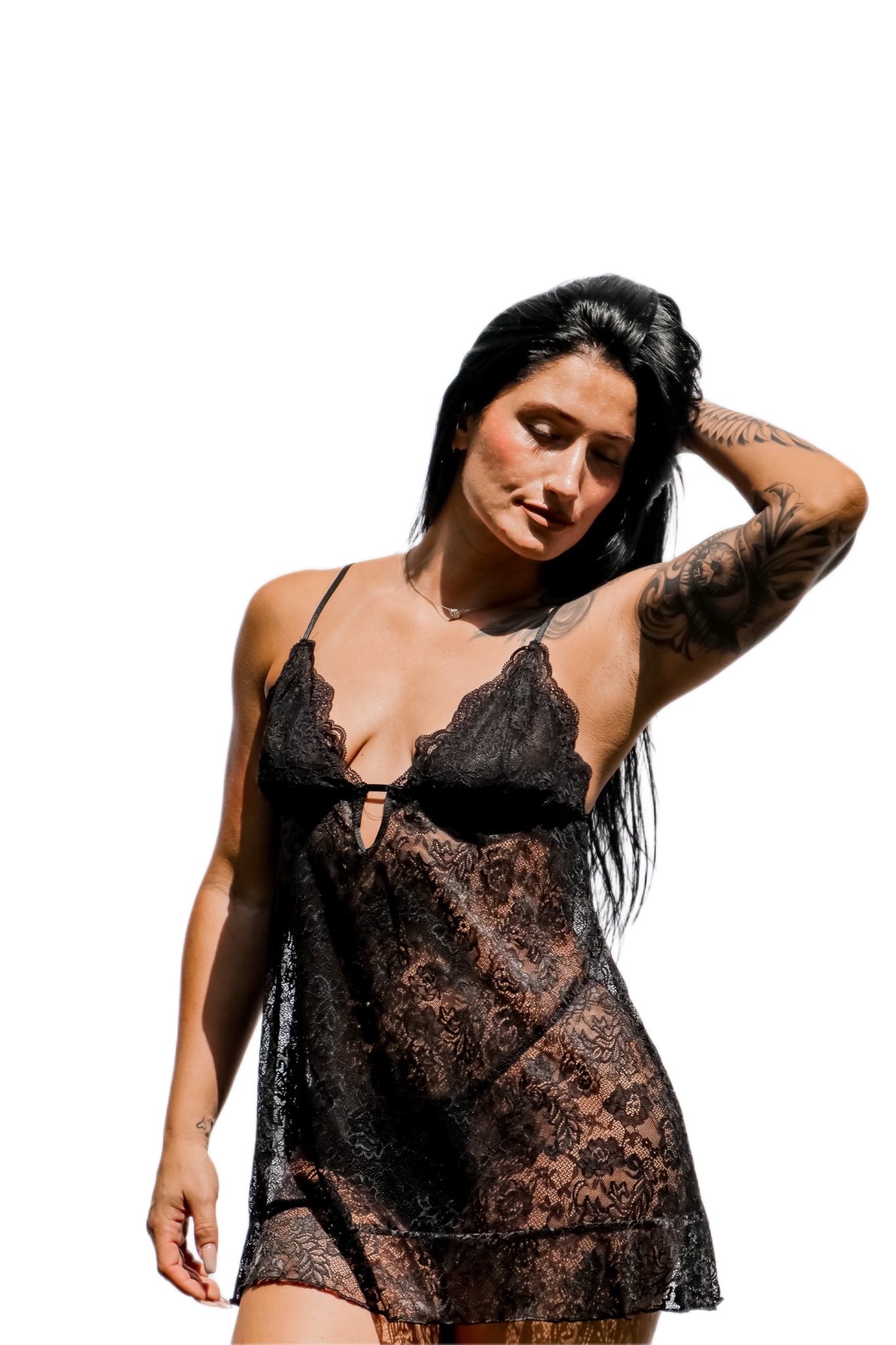 Linea Donatella black lace babydoll with matching g-string front view 