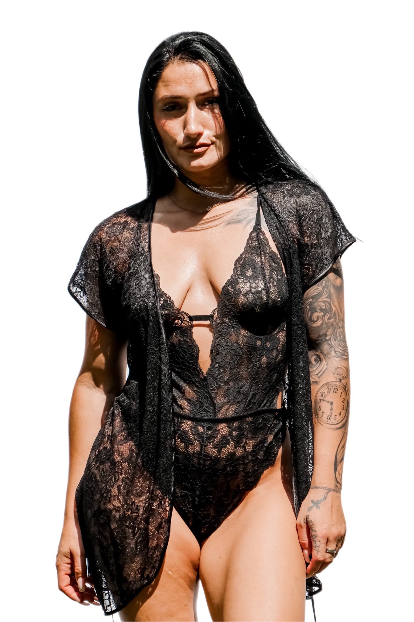 Linae Donatella black lace teddy with matching short wrap front view