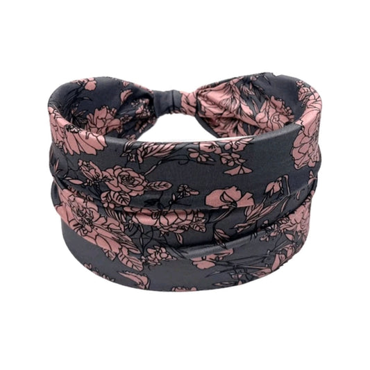 Floral Print Boho Headband-Grey and Pink