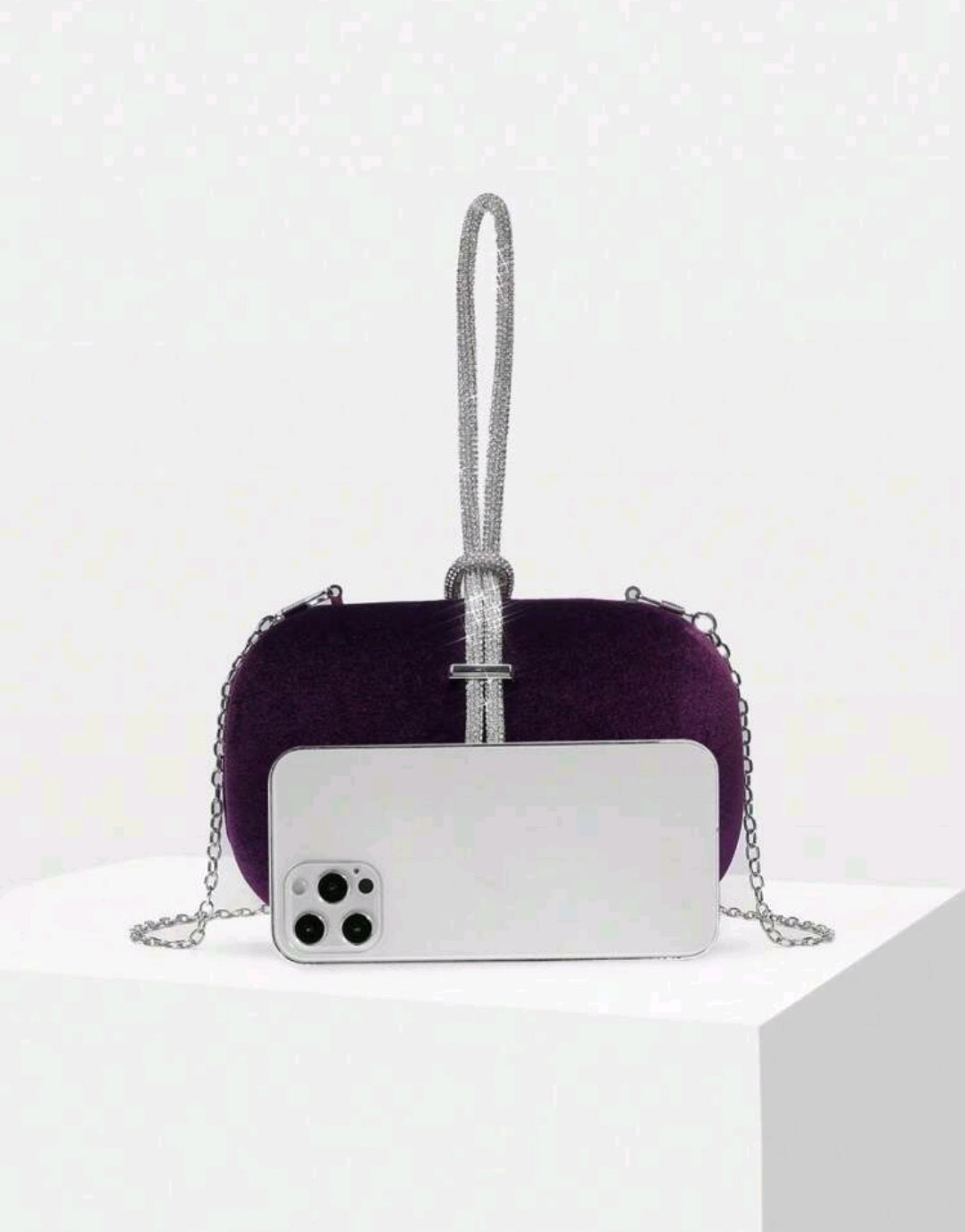 Velvet Rhinestone Handle Clutch-Purple