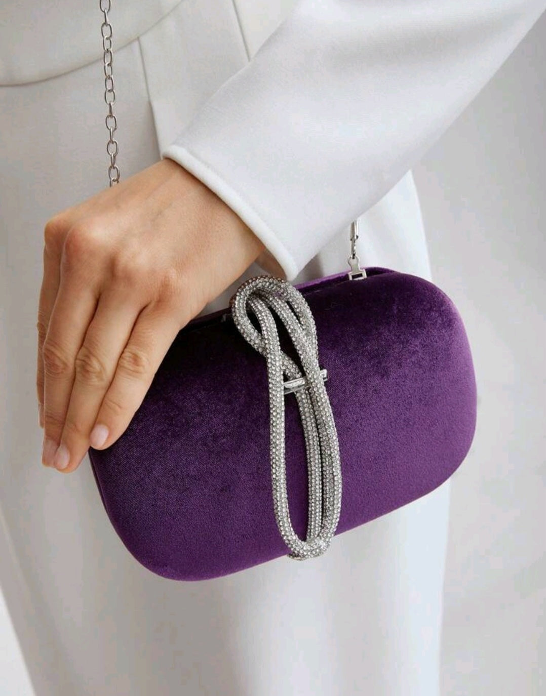 Velvet Rhinestone Handle Clutch-Purple