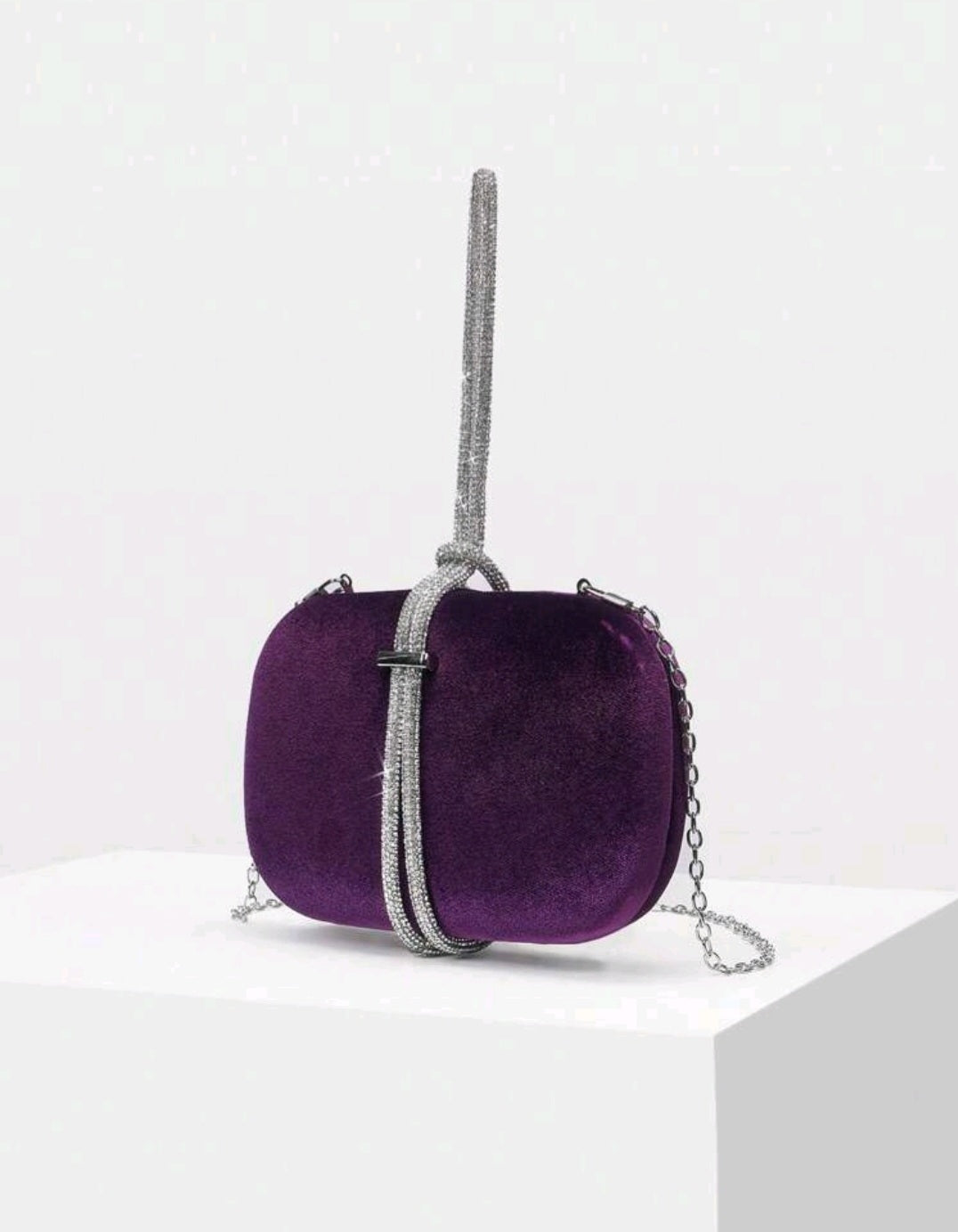 Velvet Rhinestone Handle Clutch-Purple