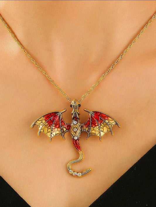 Rhinestone Dragon Necklace-Red