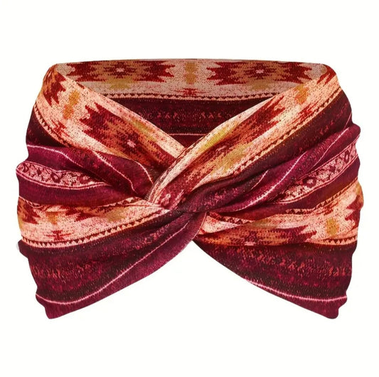 Aztec Print Boho Knot Headband-Burgundy and Orange