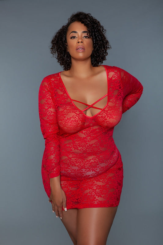 BeWicked Plus Size Long Sleeved Lynn Chemise-Red Lace