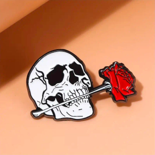 Skull Holding A Single Rose Pin