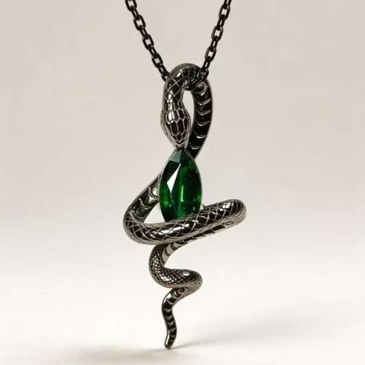 Retro Snake Shaped Necklace With Green Cubic Zirconia Center
