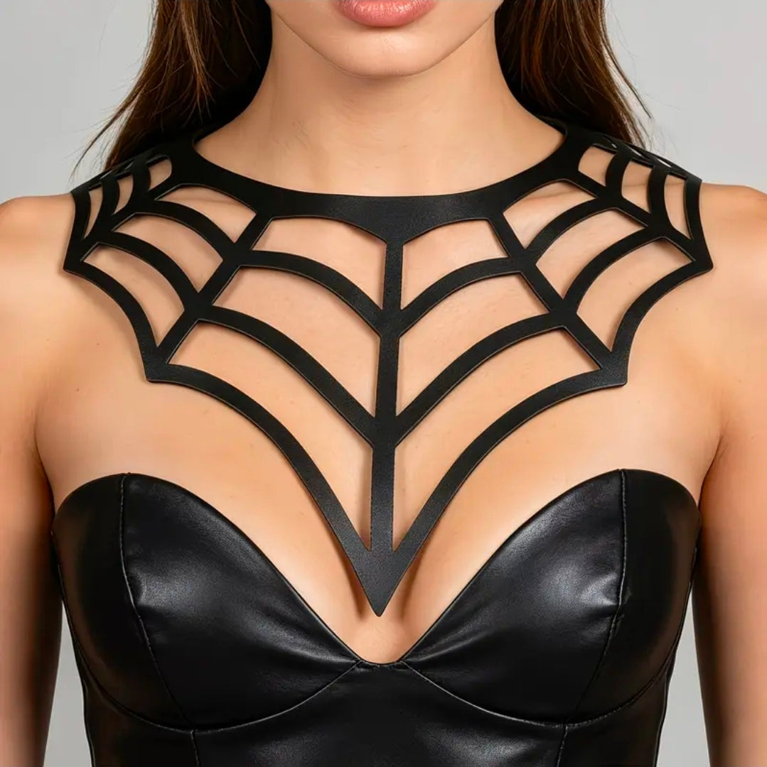 Black Spider Web Faux Leather Collar Choker Necklace