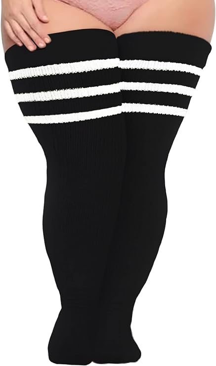 Plus Size Women's Thigh High Socks-Black and White Stripe