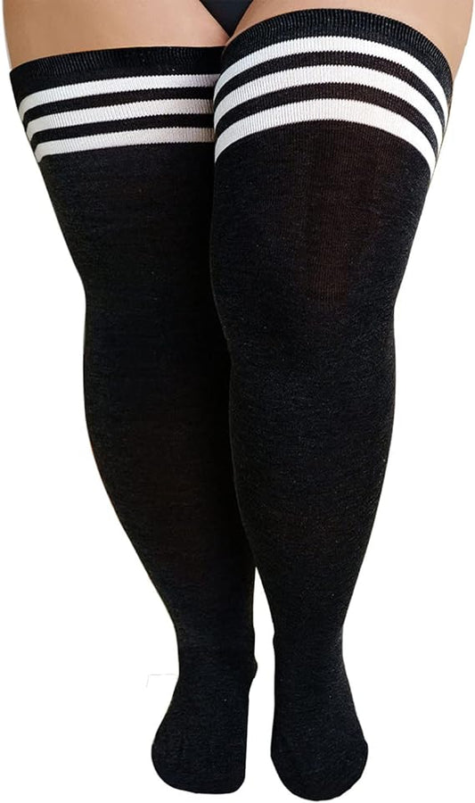 Plus Size Women's Thigh High Socks-Black and White Stripe
