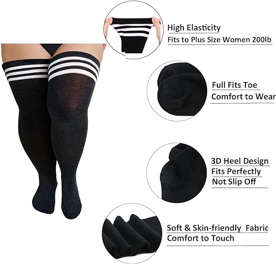 Plus Size Women's Thigh High Socks-Black and White Stripe