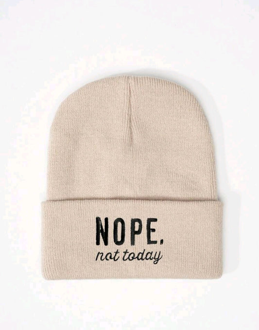 Embroidered "Nope" Knit Beanie-Beige