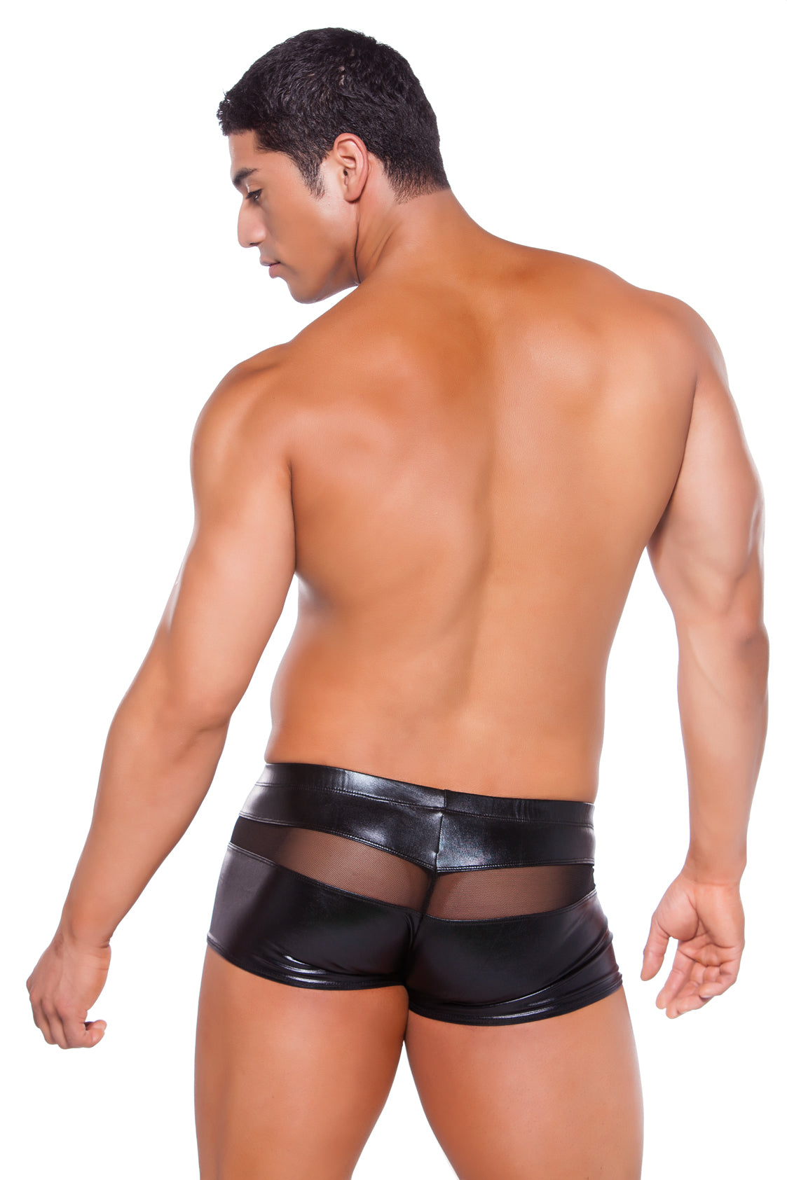 mens black wet look shorts with mesh detail back view